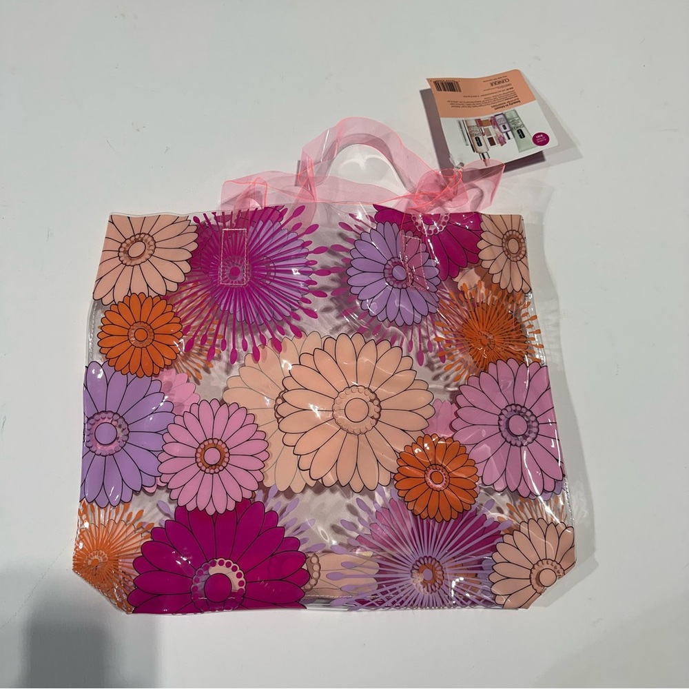 Clinique Clear Tote with Flowers and Pink Straps nWT